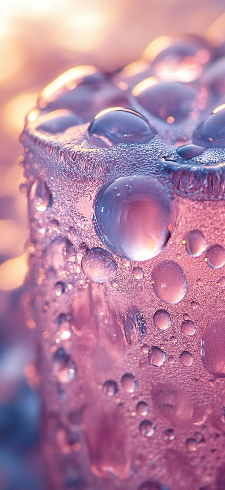 Pastel pink-blue beer foam with water droplets on glass.