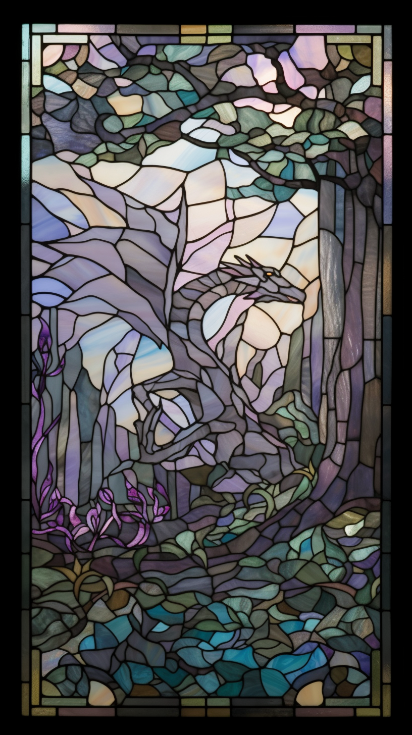 Pastel stained glass dragon flying over forest.