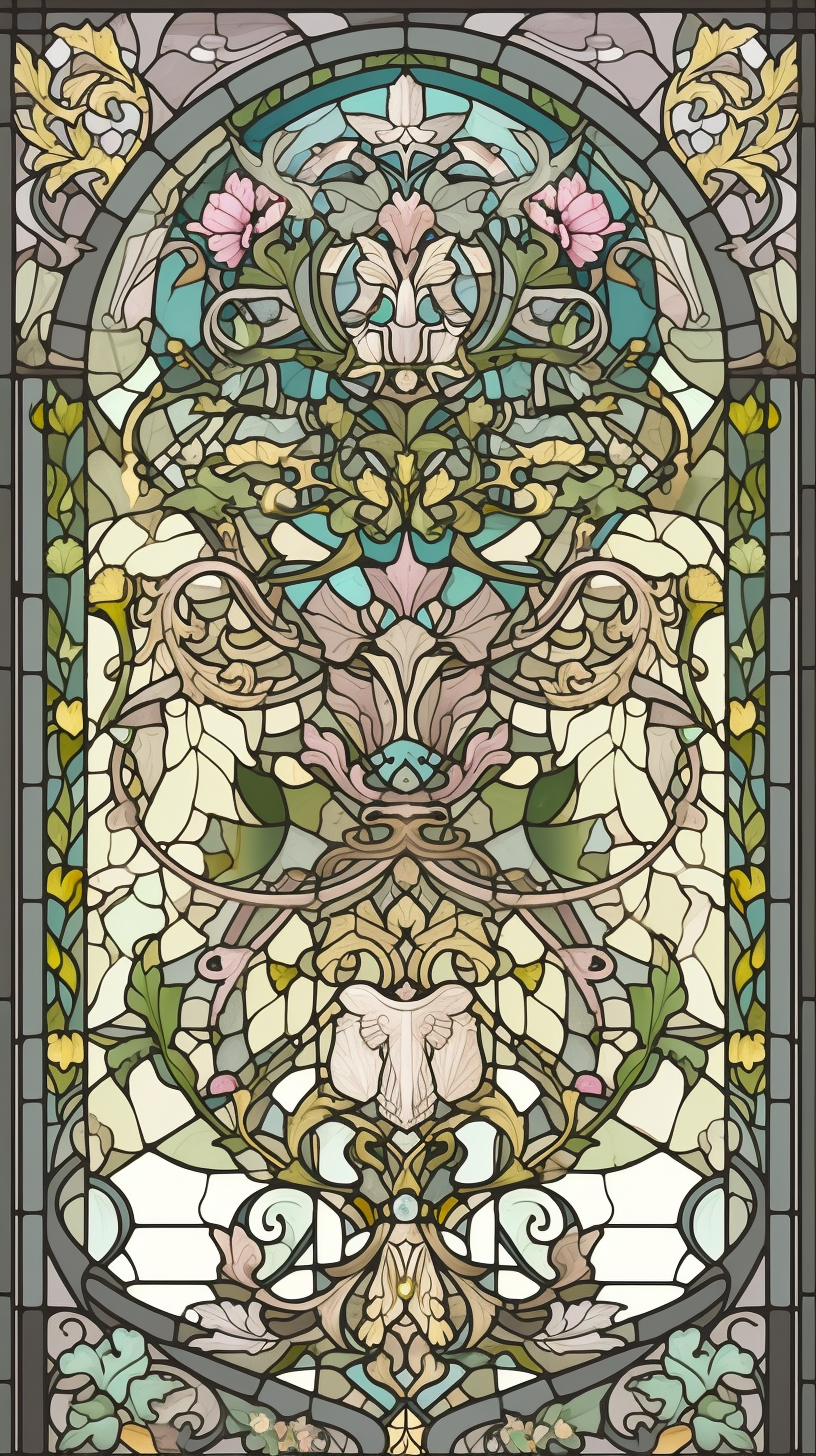 Pastel stained glass royal crest with intricate symbols.