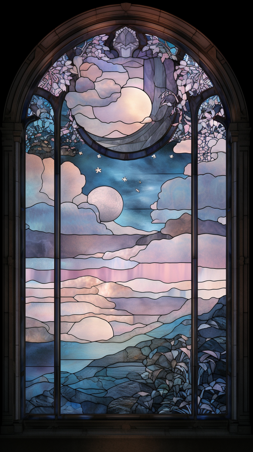 Pastel stained glass window scene with moonlight reflection.