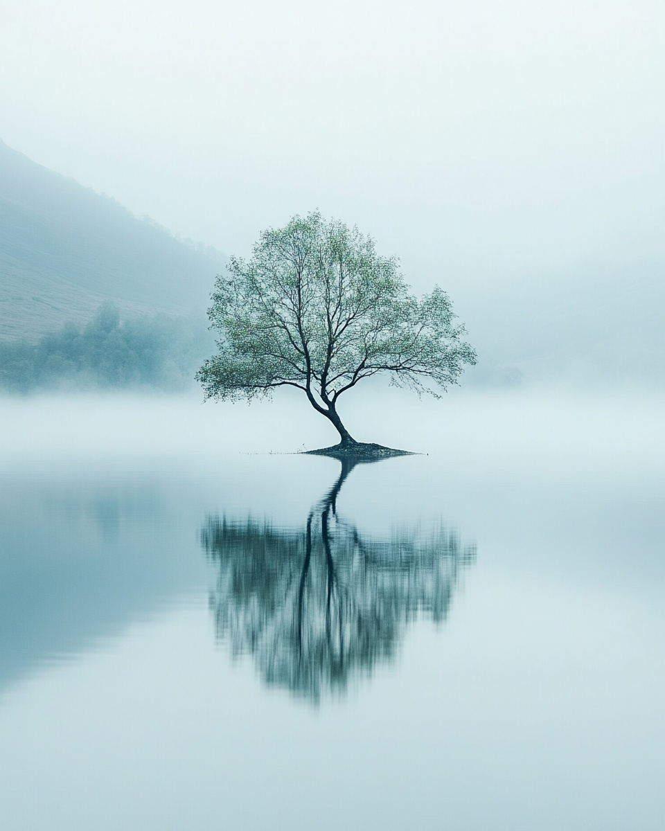 Pastel tree in serene lake district, misty morning photography.