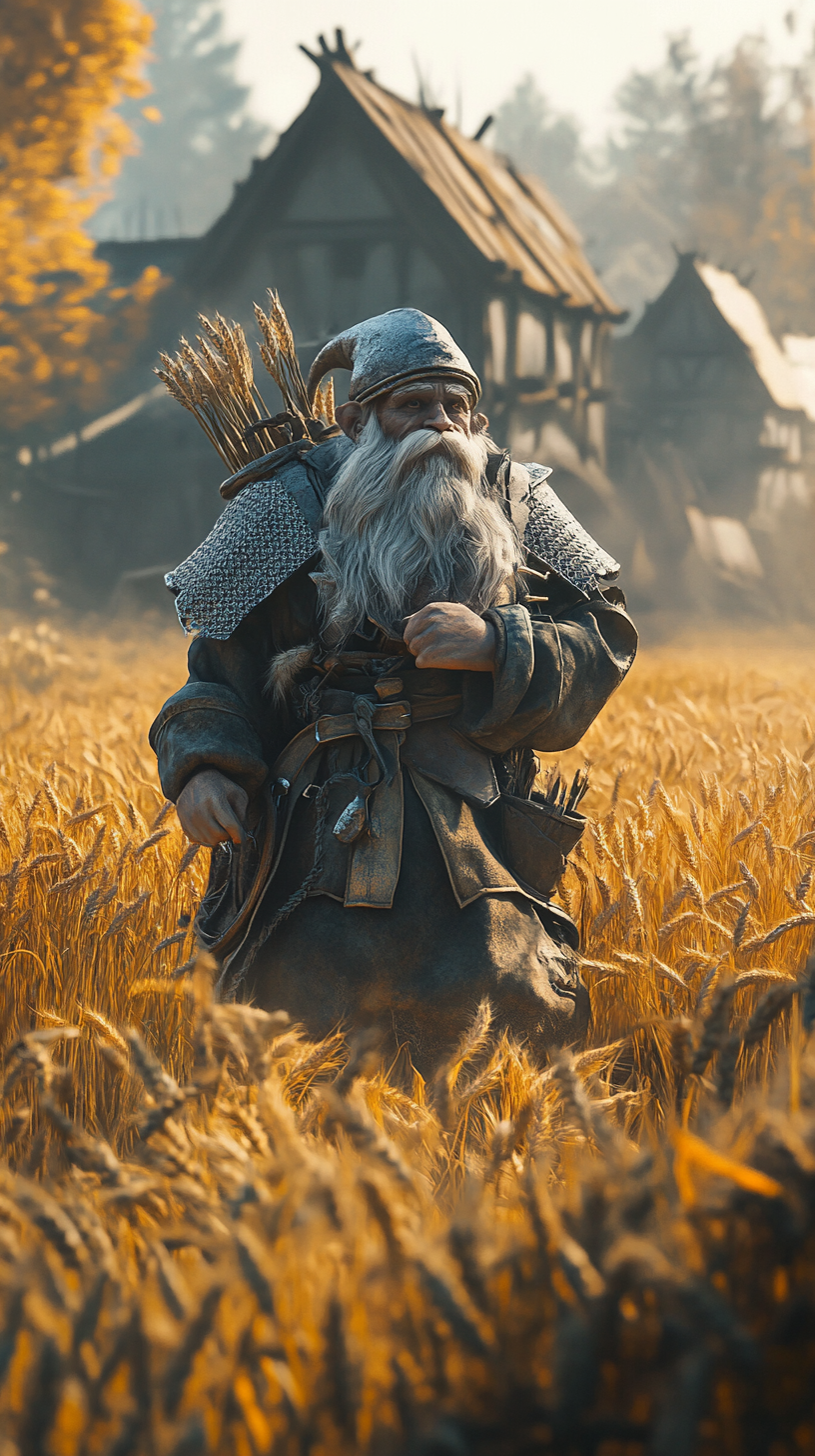 Pastor in blue vestments in wheat field with burnt village behind him.