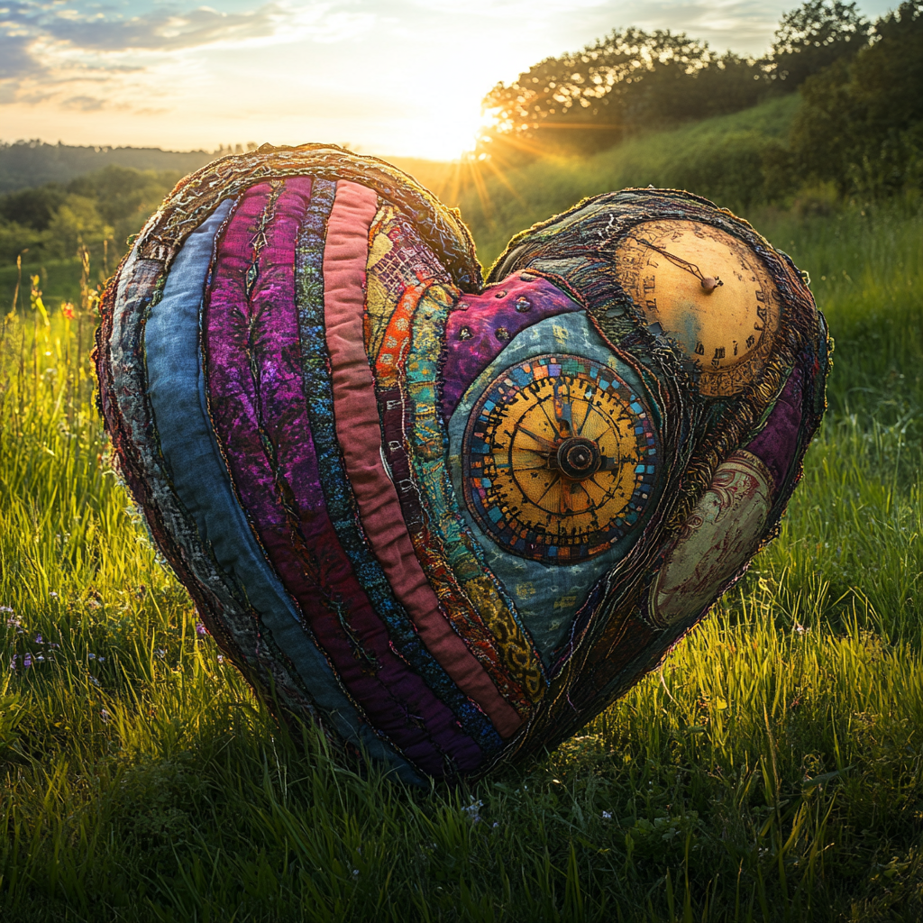 Patchwork heart on grass, gears within circle, broken. Sunrise.