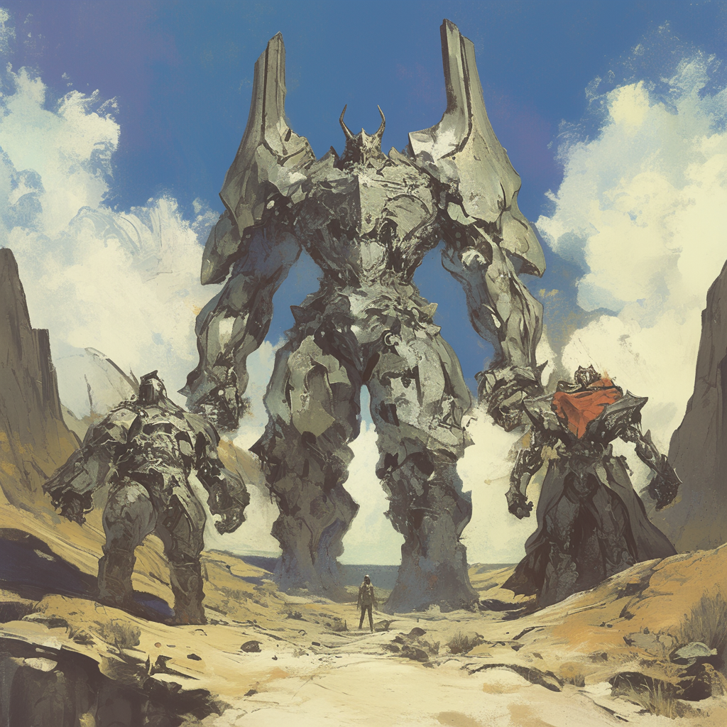 Path towards mountain guarded by three giant robots.