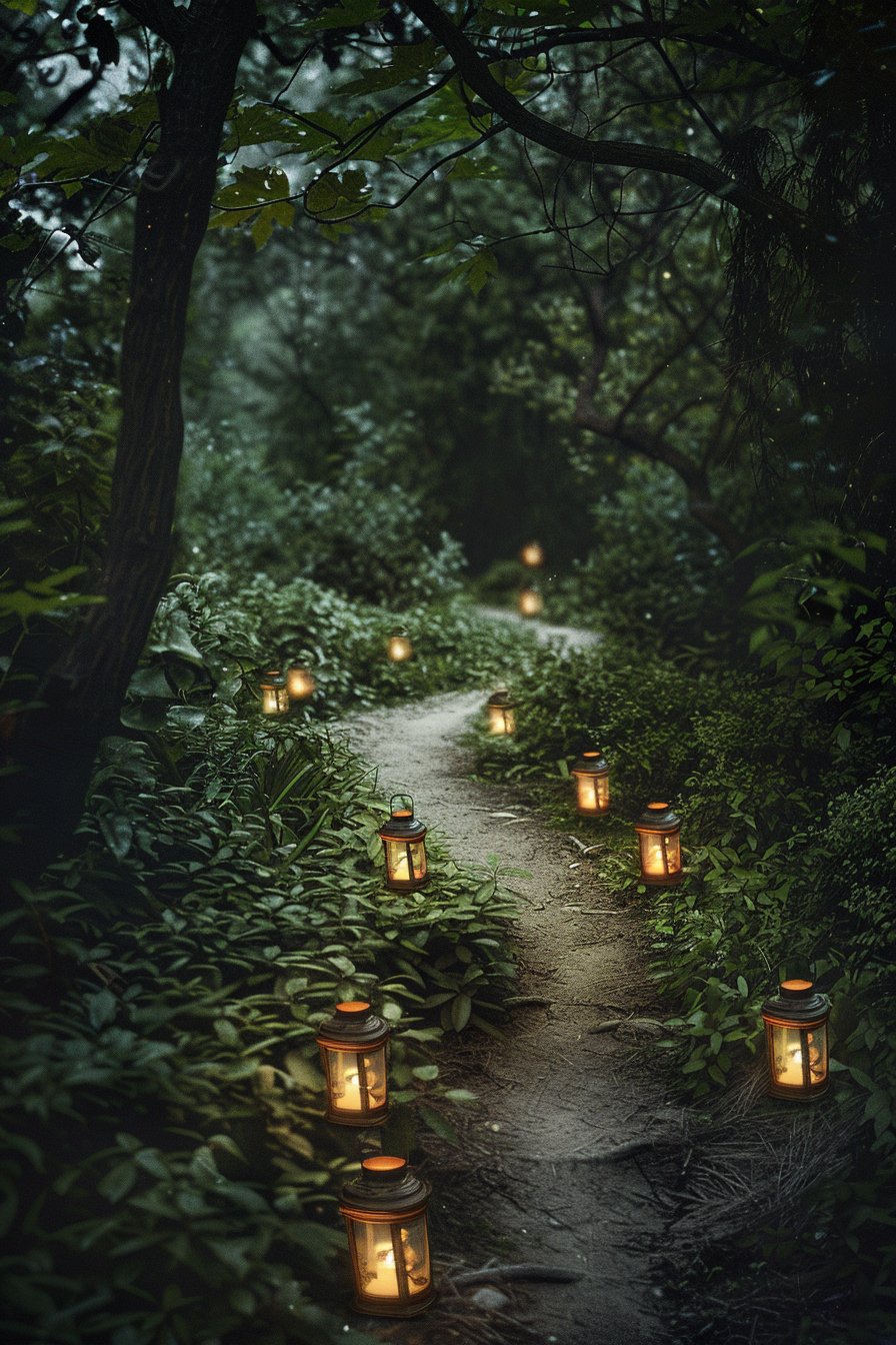 Path winding through dark forest, lit by lanterns guiding.