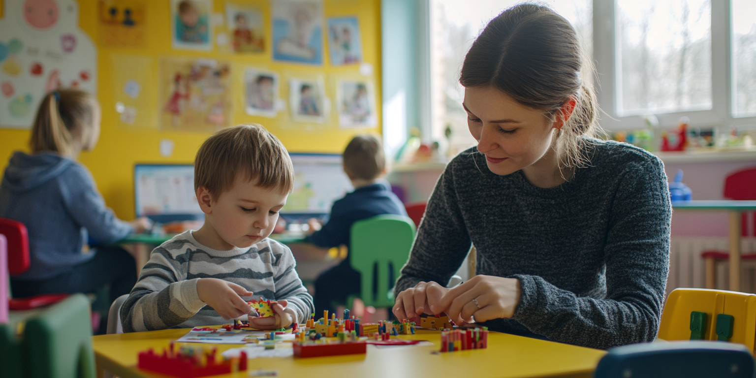 Patient teacher helps child with educational materials in classroom.