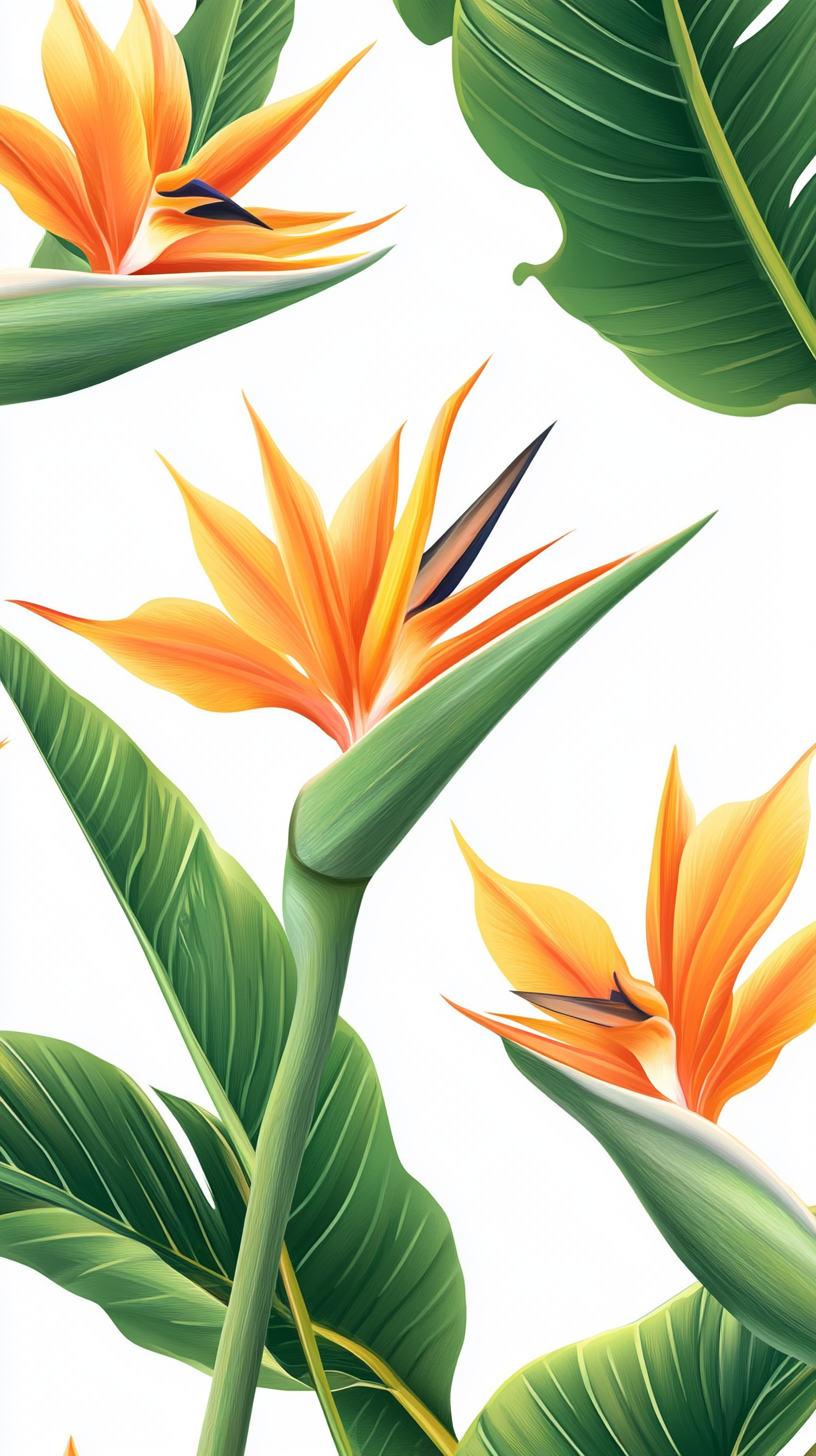 Pattern of Strelitzia reginae flowers on white background.