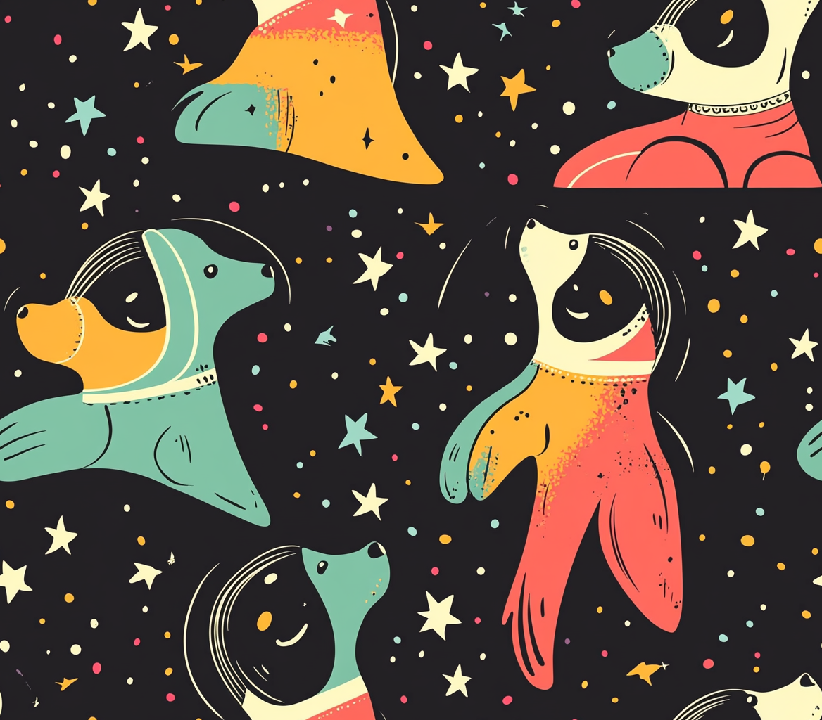 Pattern: Colorful dogs in space suits against starry sky.