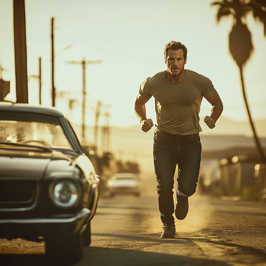 Paul Walker sprinting to vintage car in classic film.