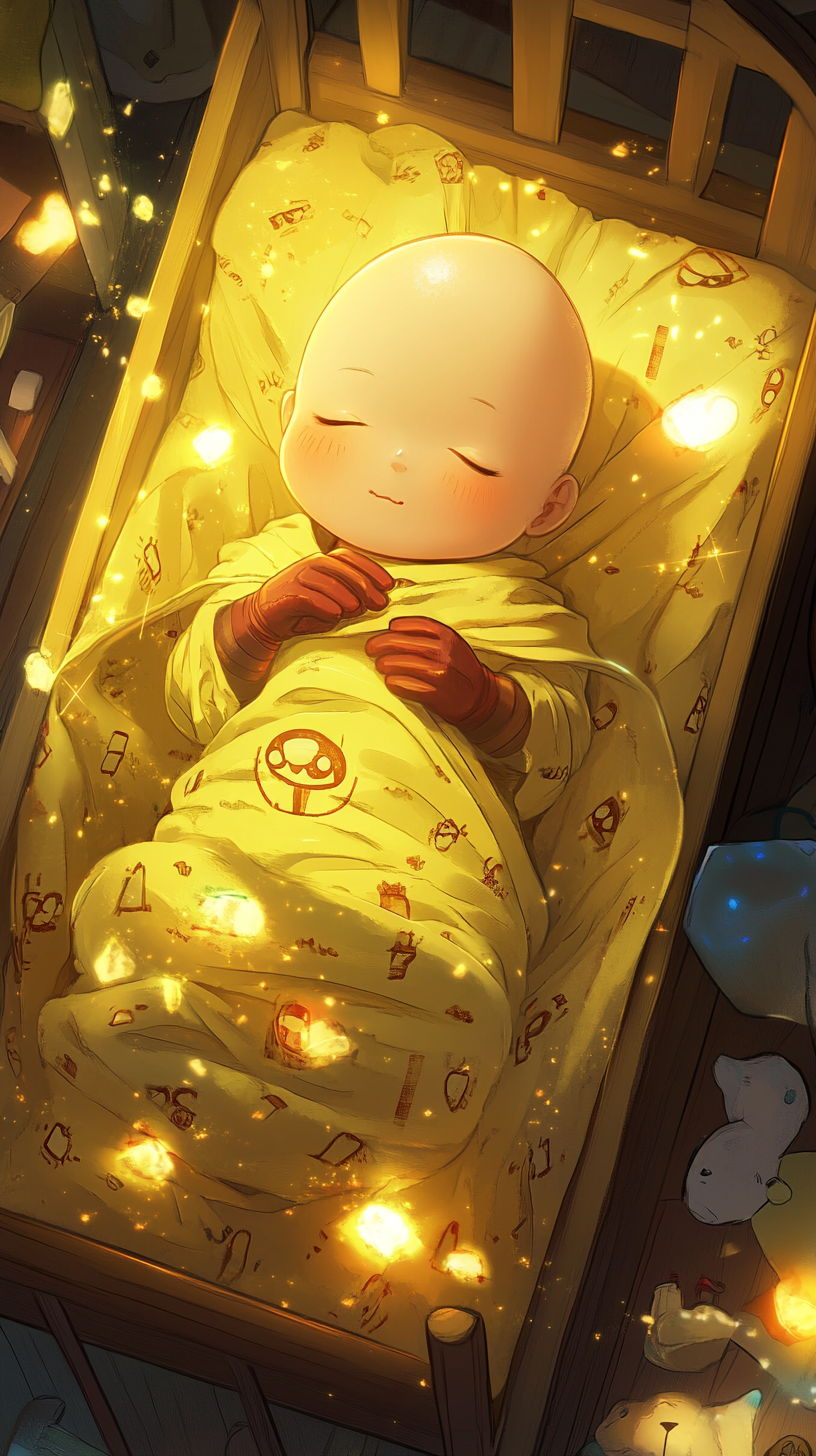 Peaceful Baby Saitama sleeping in cute superhero-themed crib.