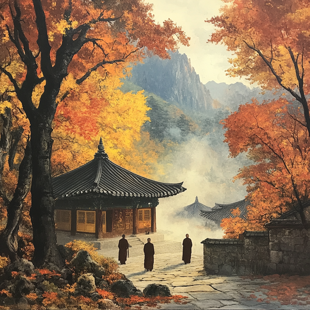 Peaceful Korean temple in mountains with monks walking