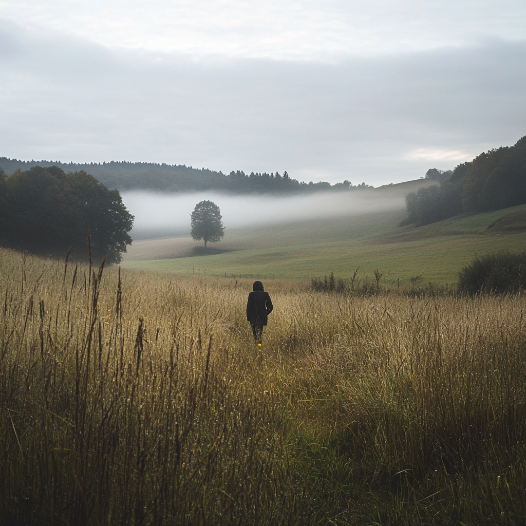 Peaceful Morning Stroll in Countryside Meadow Mist 