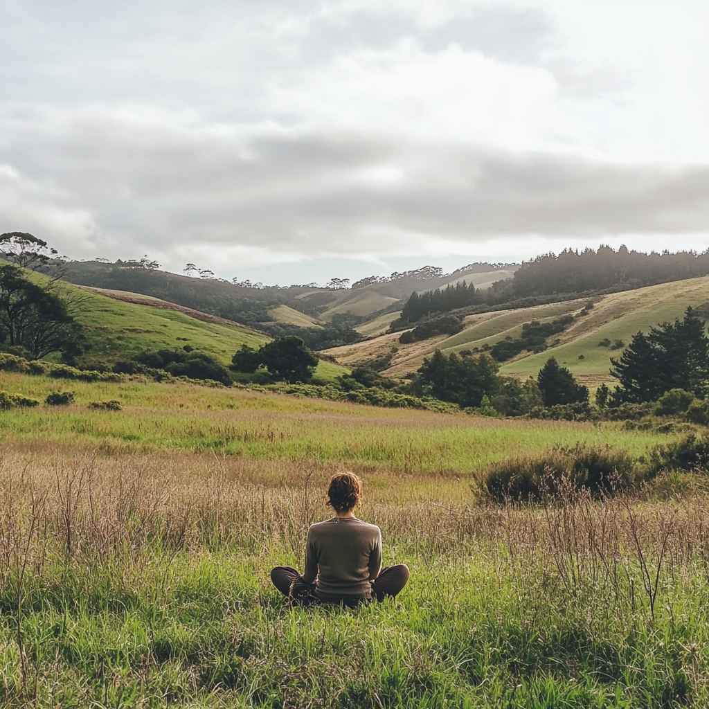 Peaceful Person Meditating in Serene Countryside 4K