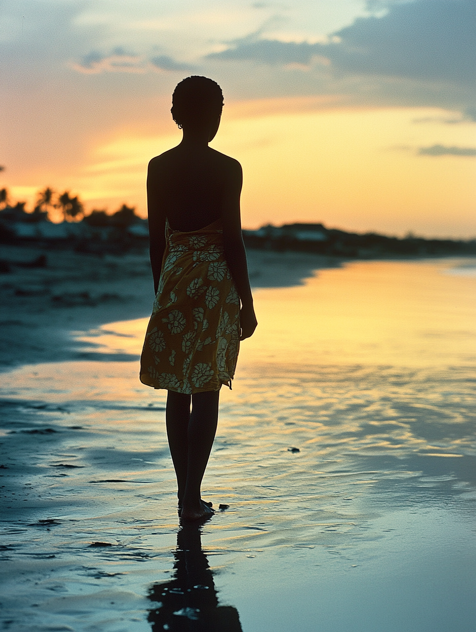 Peaceful Young Woman Walking on Beach at Sunset