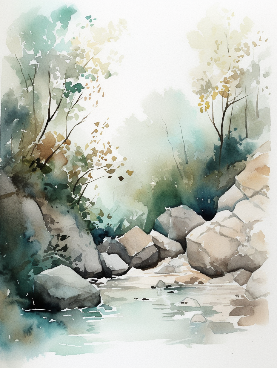 Peaceful forest stream in watercolor