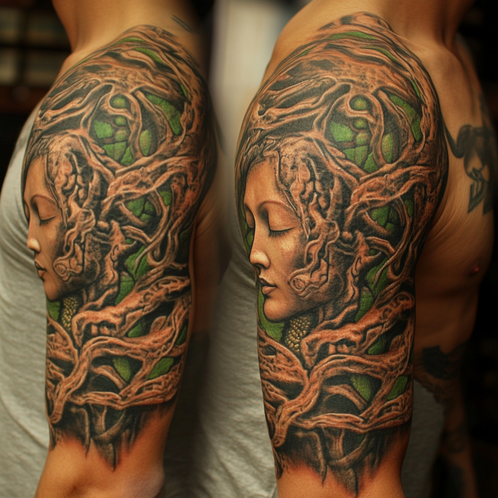 Peaceful human head tattoo with nature theme