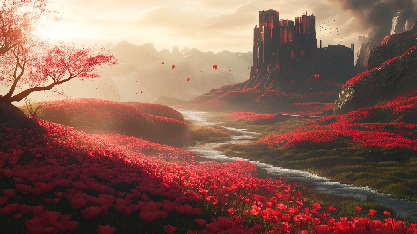 Peaceful landscape with red flowers, yellow brick road, warriors.