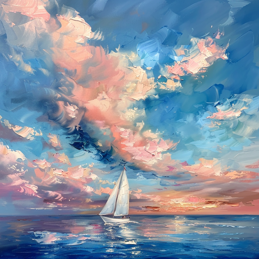 Peaceful oil painting of white sailboat under pink sunset.