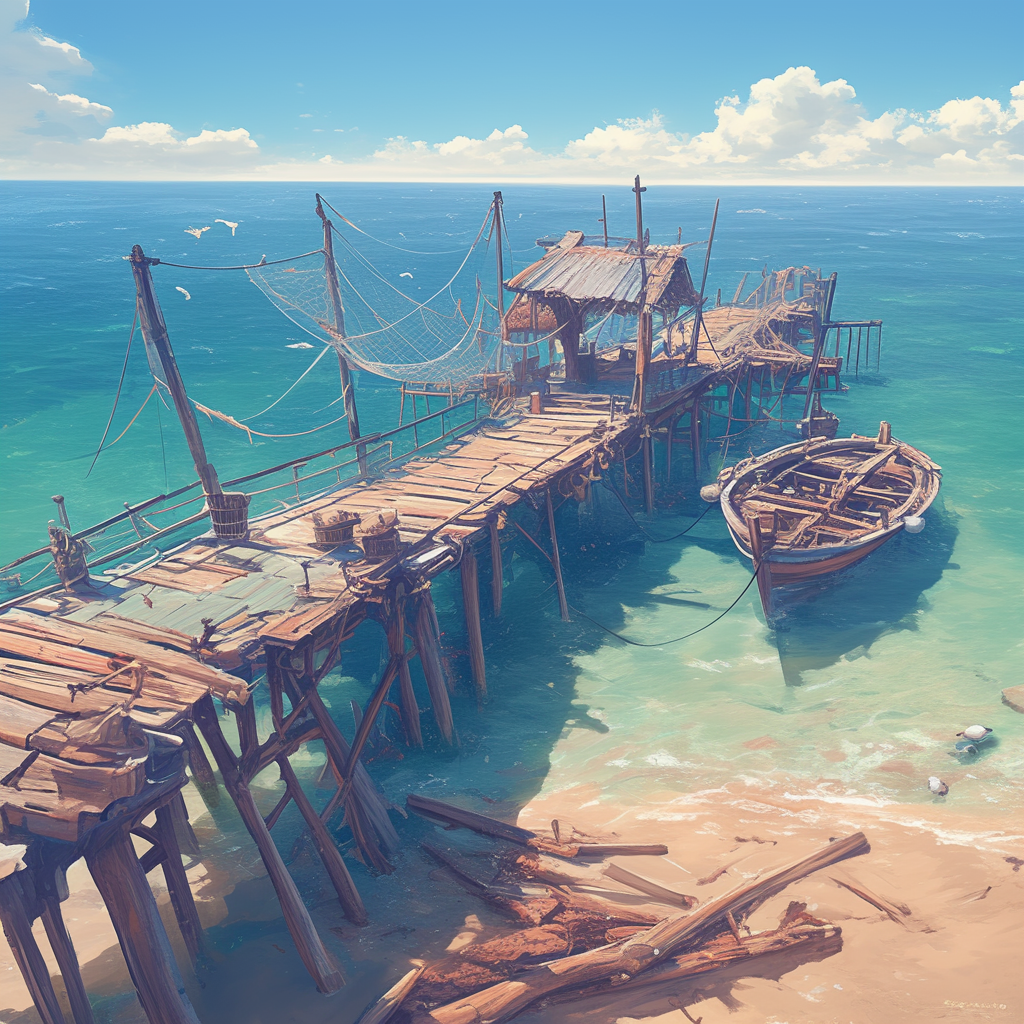 Peaceful seashore with ruined pier, old boat, seagulls.