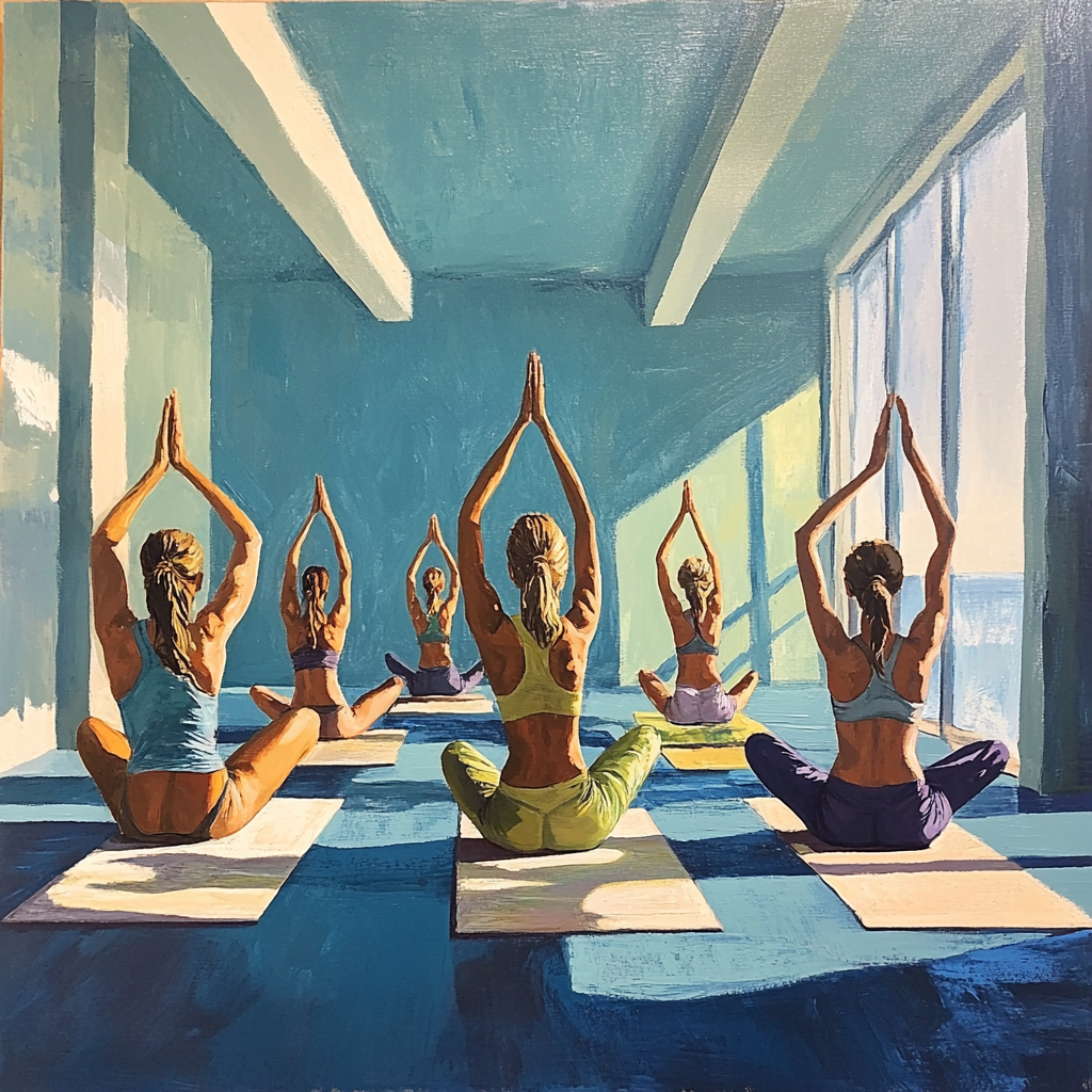 Peaceful yoga studio with diverse joyful practitioners practicing peacefully.