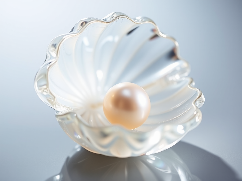 Pearl in crystal shell shimmering with ethereal glow.