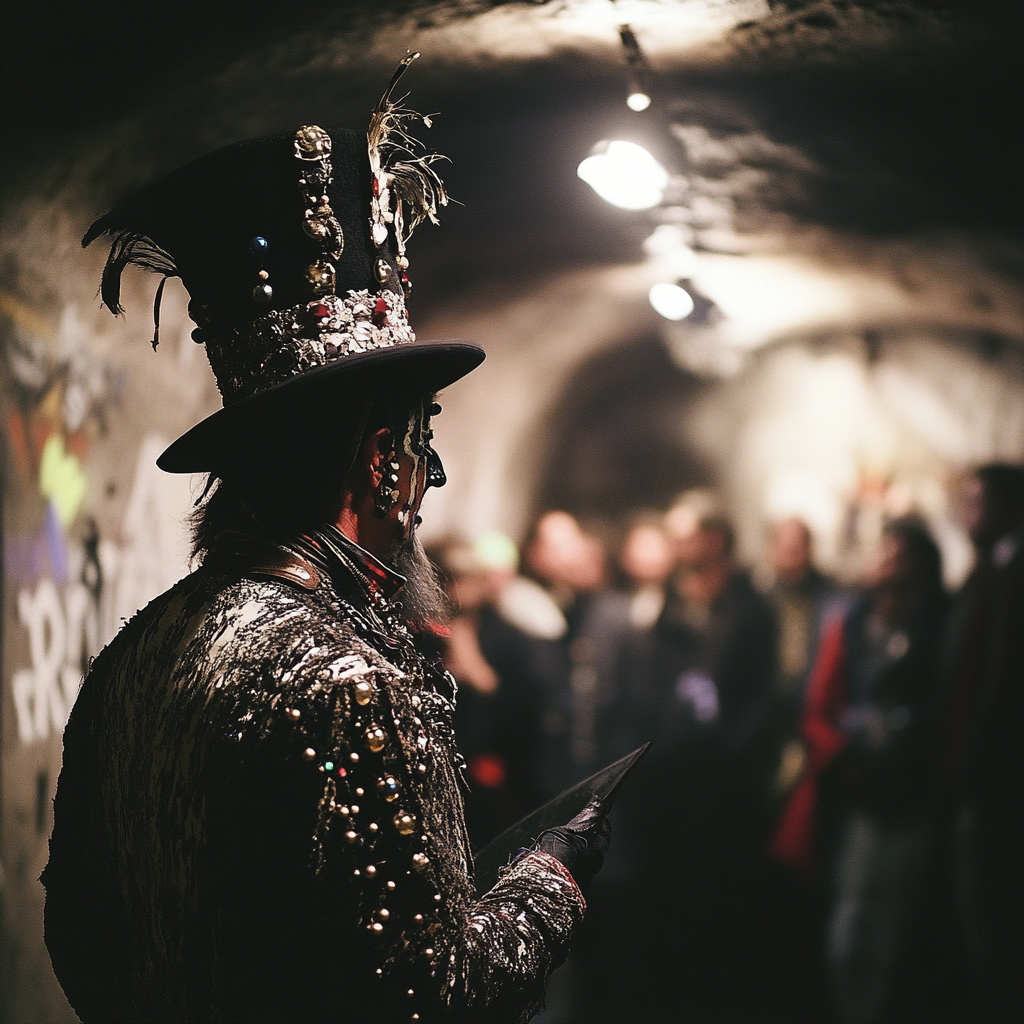 Pearly king preaching in dark, moody underground club.