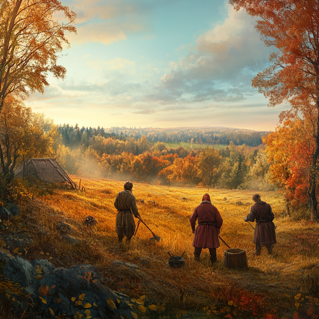 Peasants labor in autumn field with distant forest