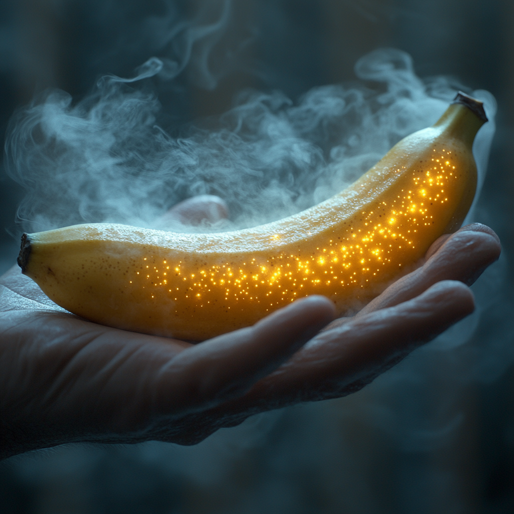 Peeled banana in hand with steamy smoke effect.