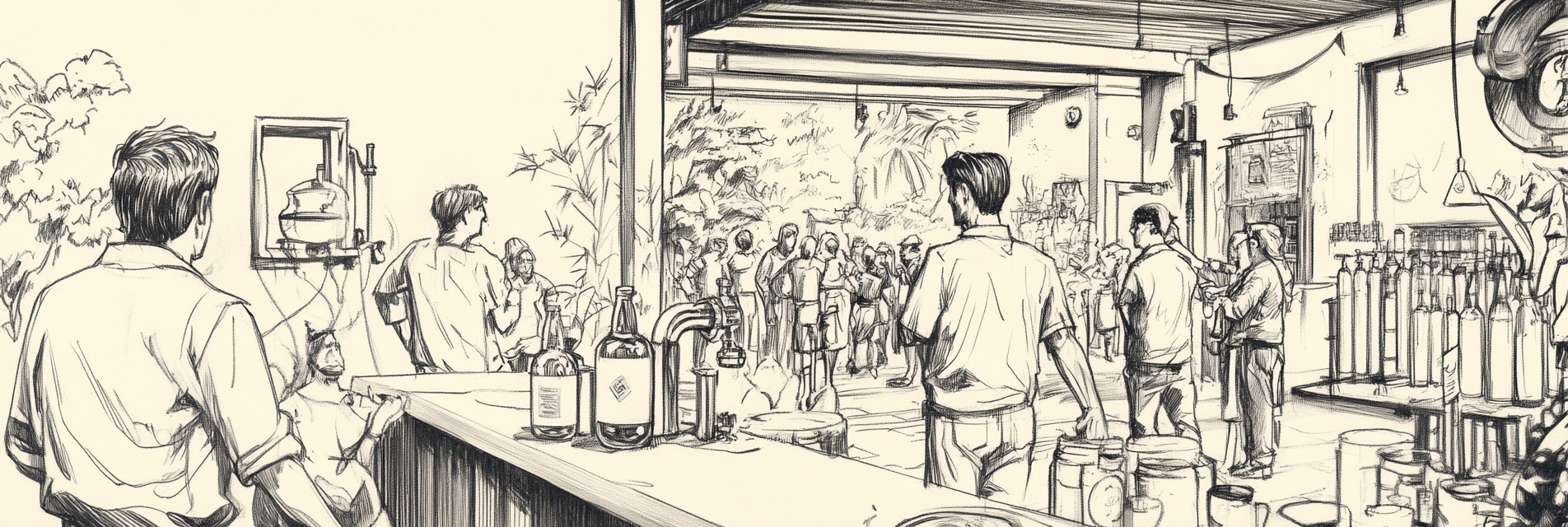 Pen sketch of people at brewery, beer tap, bottle.