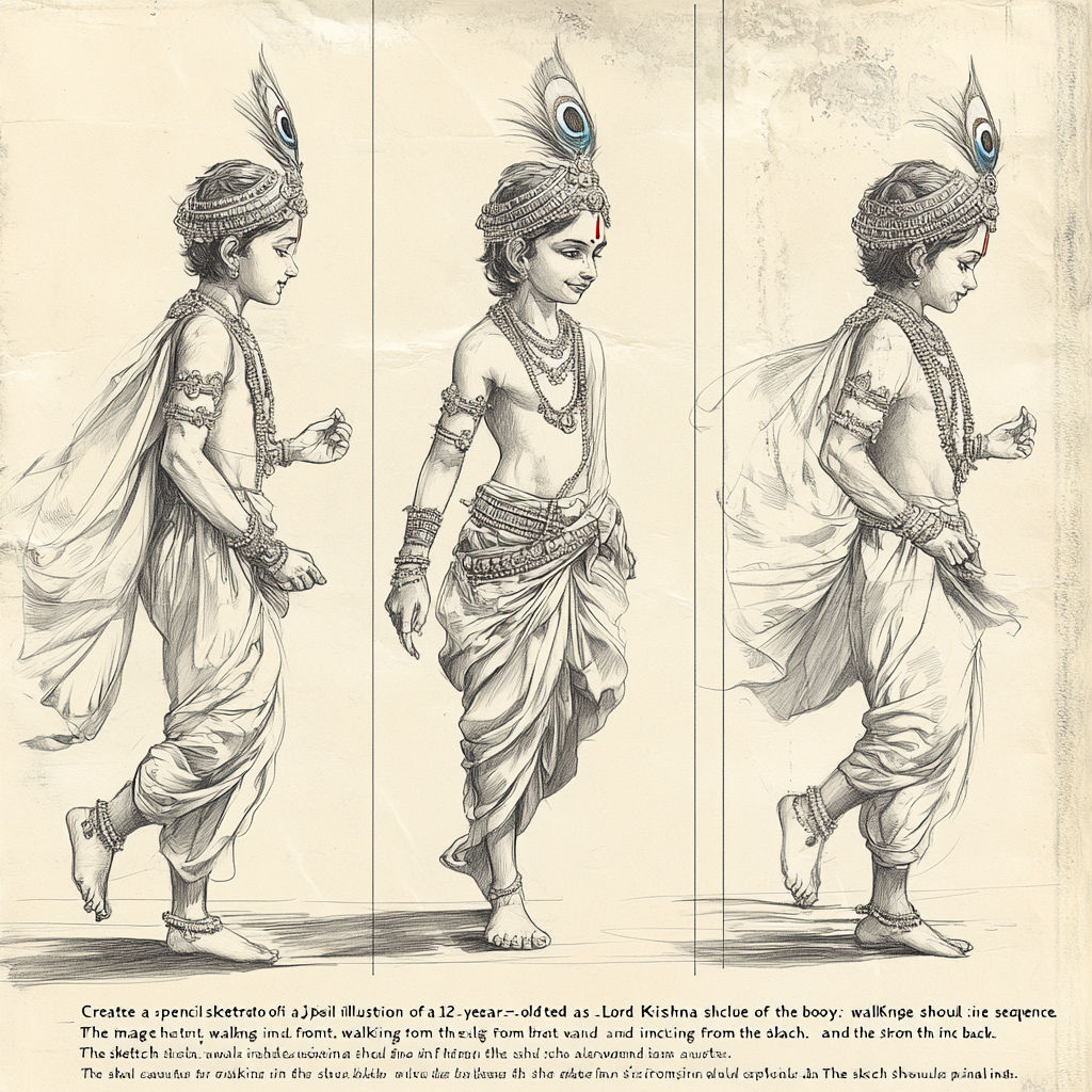 Pencil sketch of a boy depicted as Lord Krishna walking.