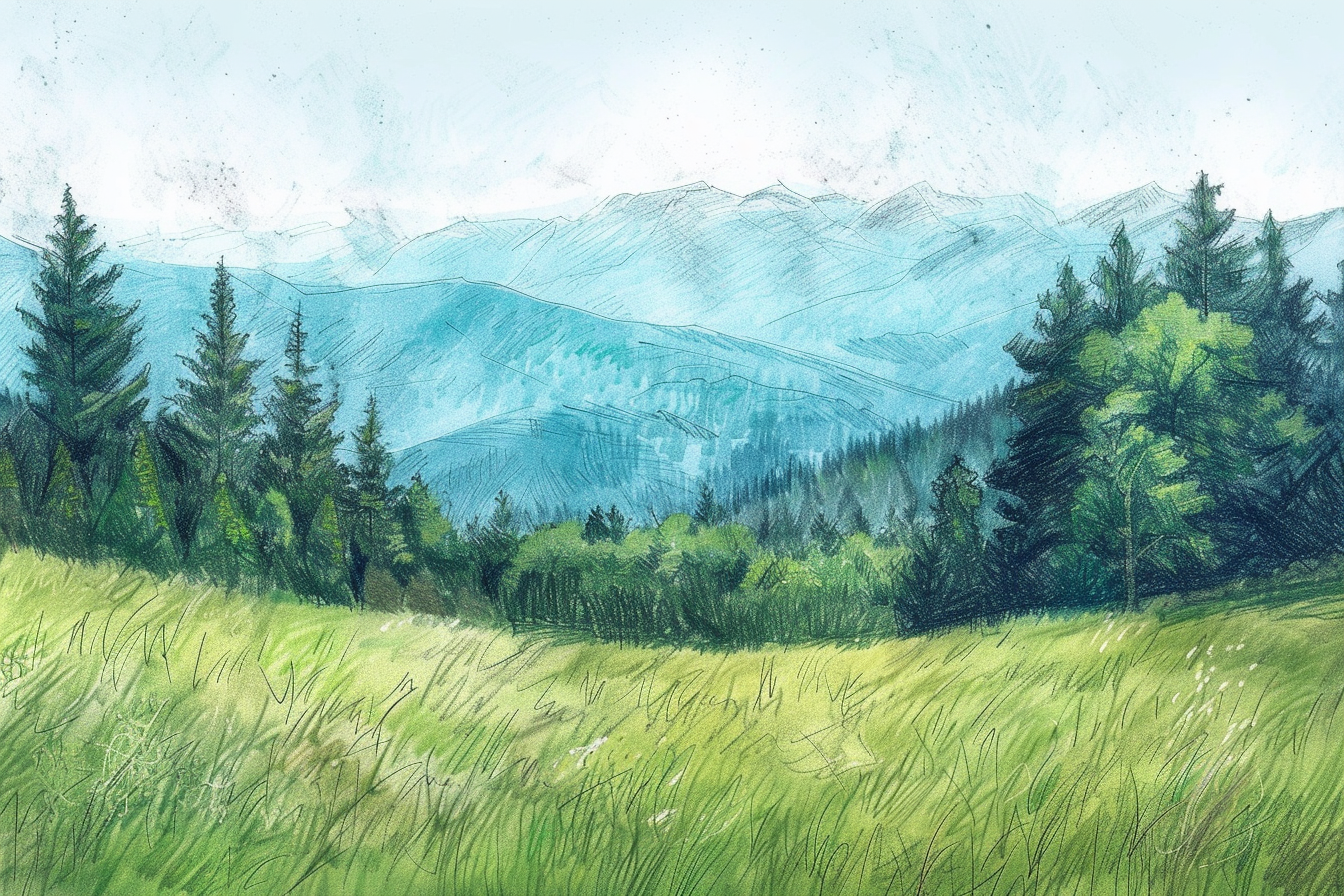 Pencil sketch of mountain landscape with vibrant colors.