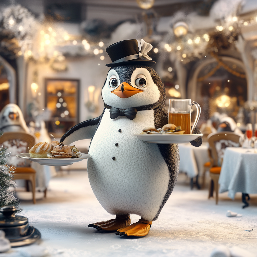 Penguin waiter serves drinks and dishes in restaurant.