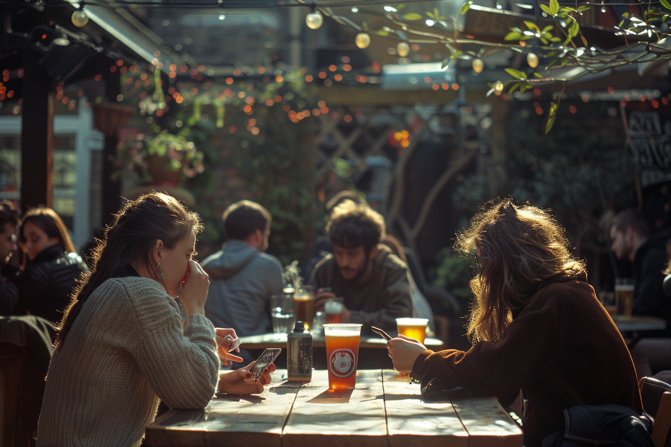 People Using Phones at Sunny Pub Garden