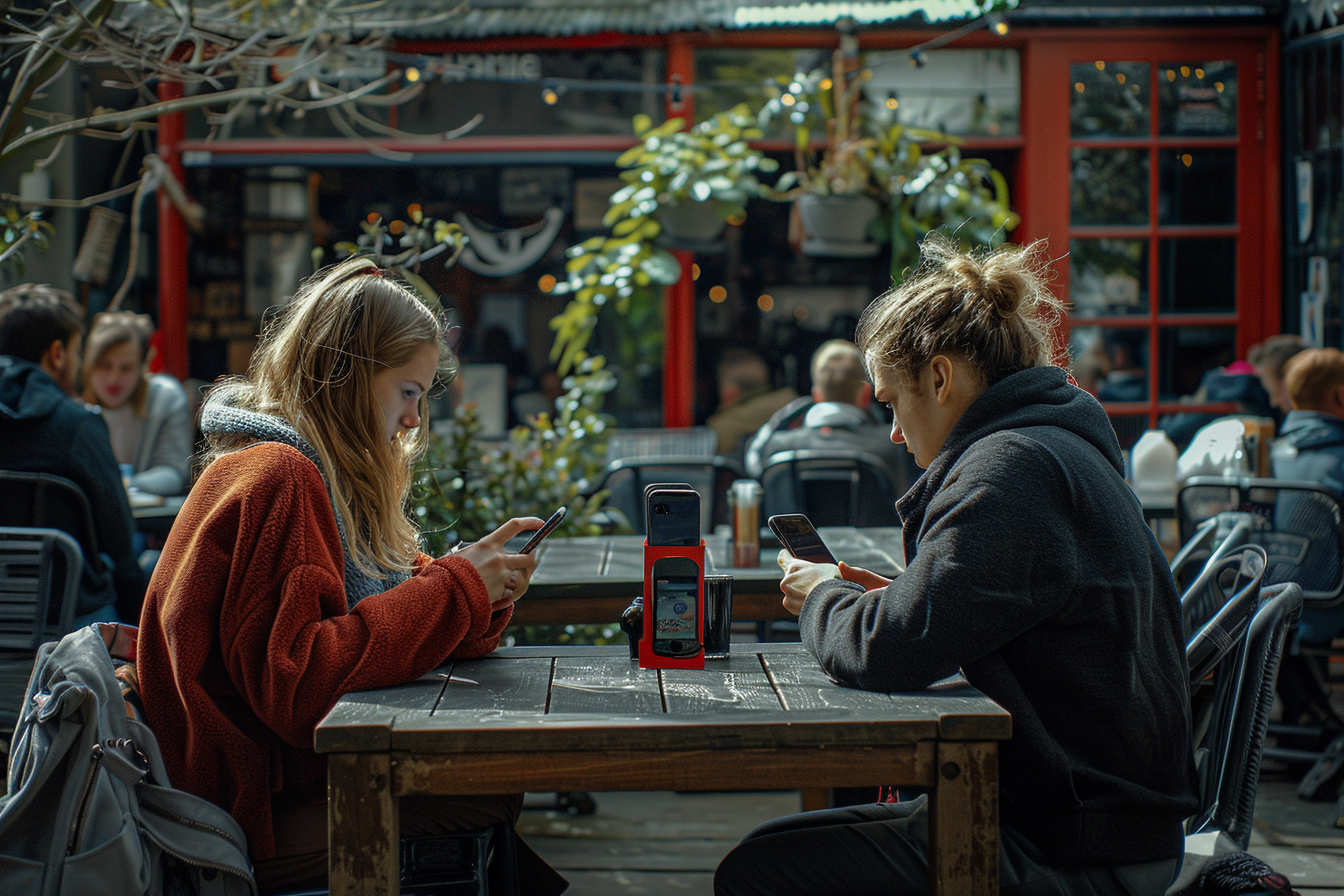 People Viewing Phones in Sunny Pub Garden