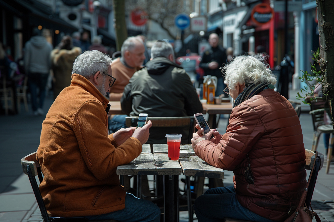 People at Sunny Pub Garden Using Phones