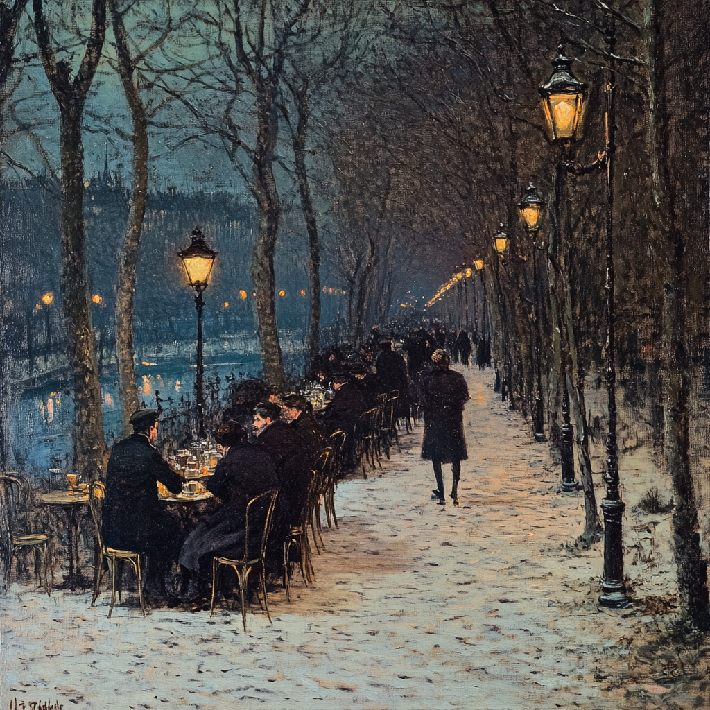 People at tables, drinking coffee in Paris.