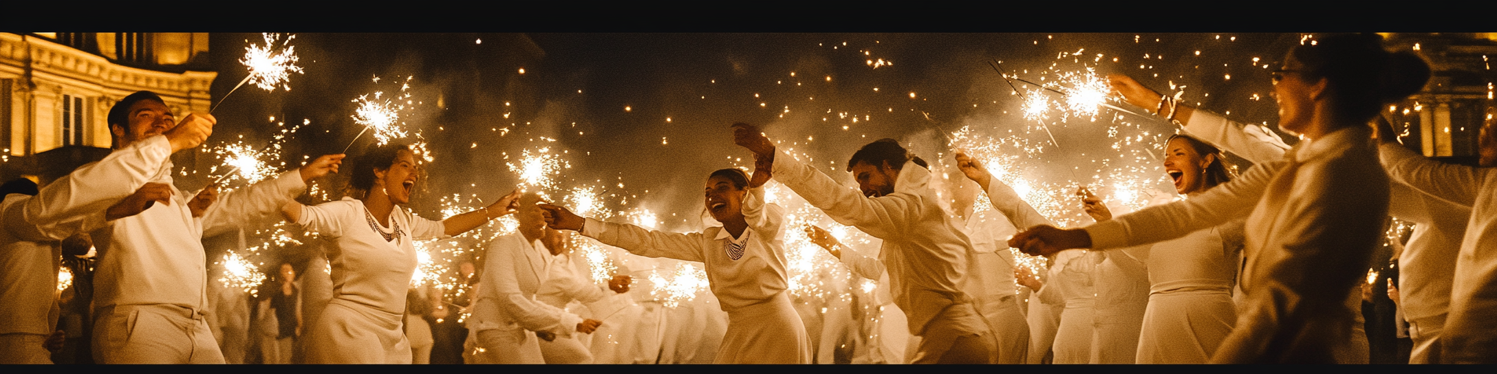 People celebrating New Year with sparklers in Paris.