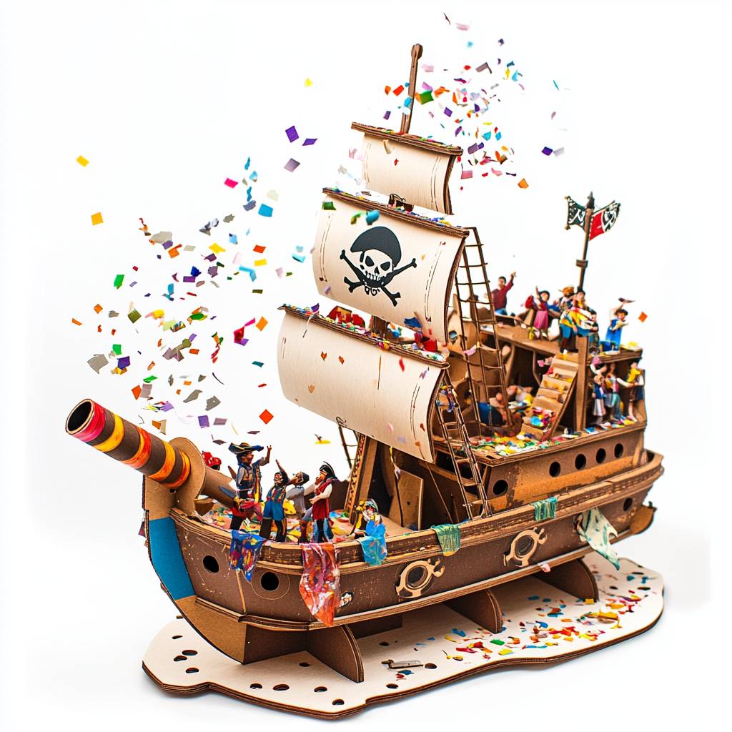 People cheer as cardboard pirate on ship spews confetti.