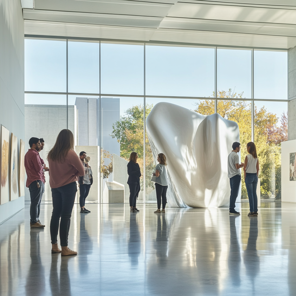 People discussing modern art in sleek museum gallery.