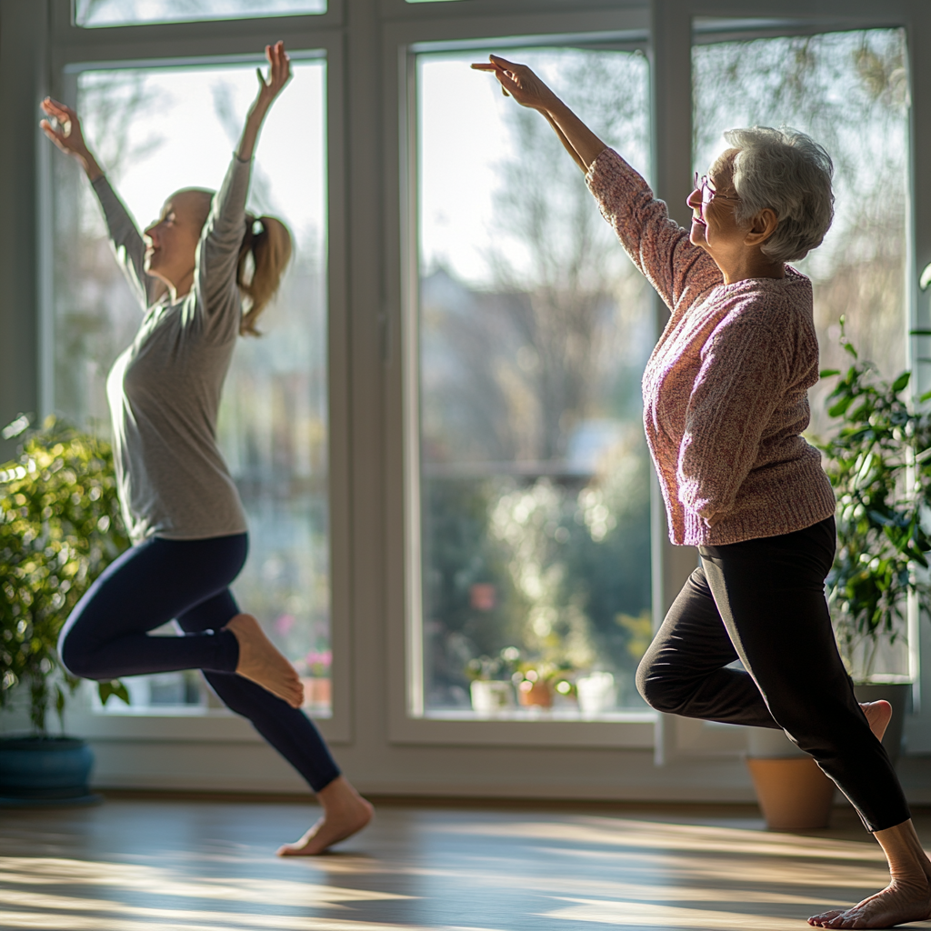 People doing everyday tasks with elderly person balancing.