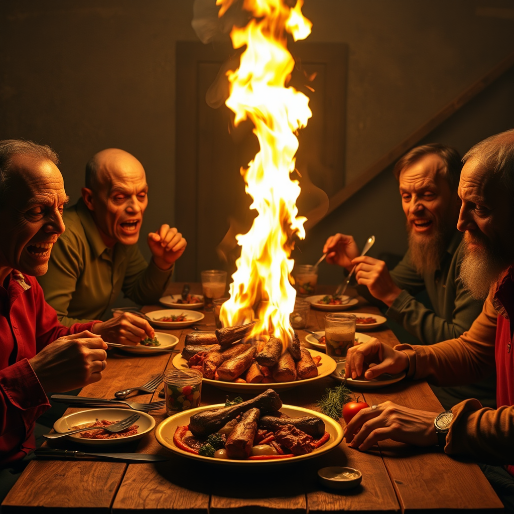 People eating at table with fire coming out.