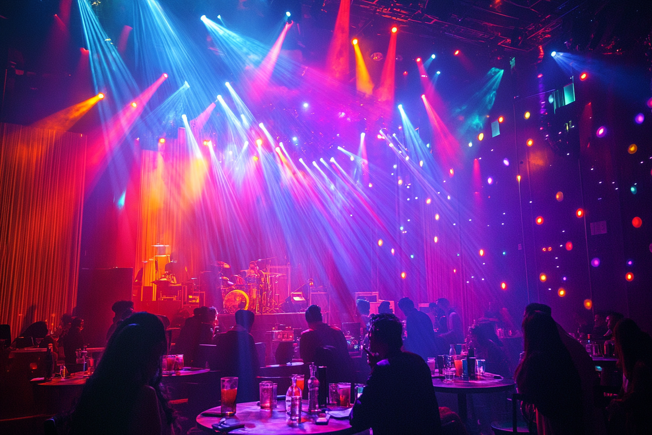 People enjoying music with colorful lights and tables