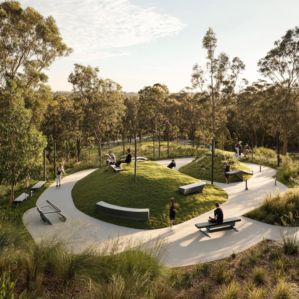 People exercising in outdoor gym surrounded by nature