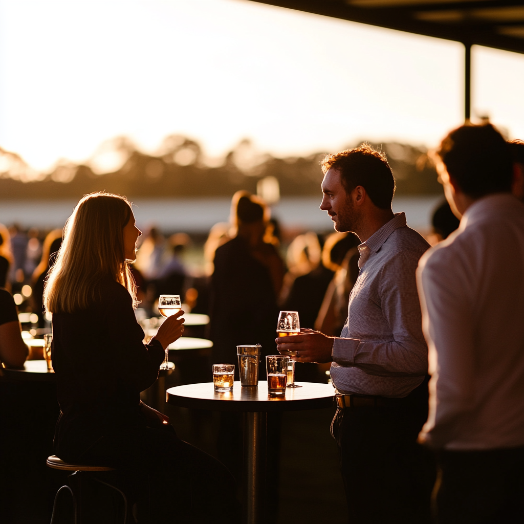 People having drinks at outdoor bar with sunset