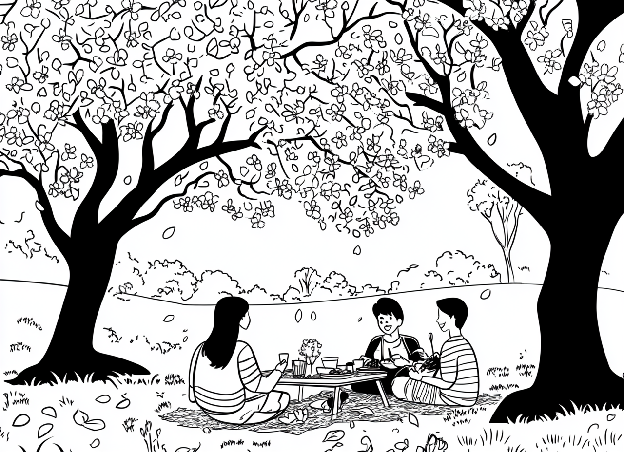 People having picnic under cherry blossom trees, coloring page.