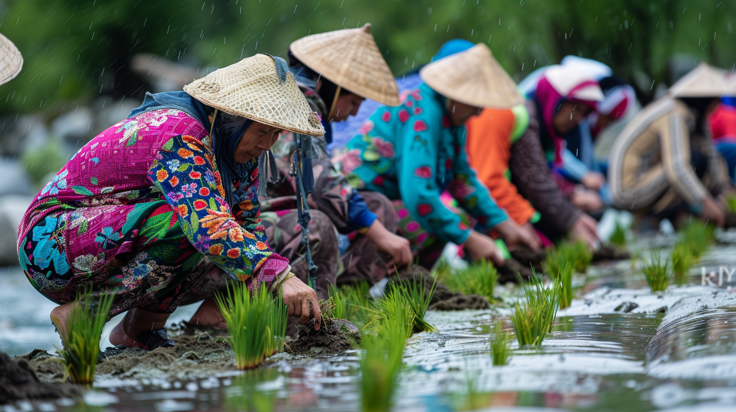 People in Iran plant rice seedlings wearing colorful outfits.