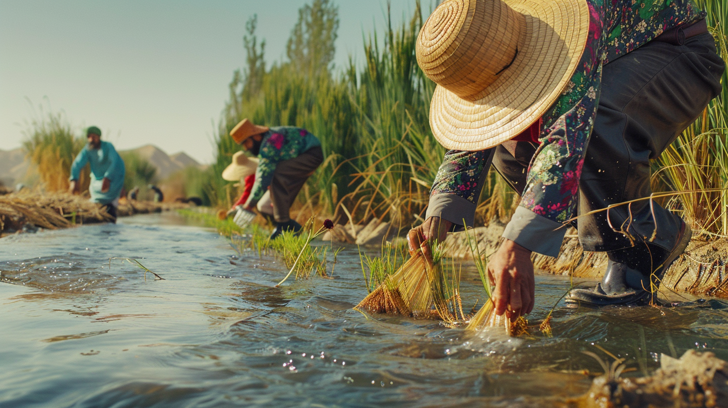 People in Iran planting rice seedlings wearing colorful outfits.