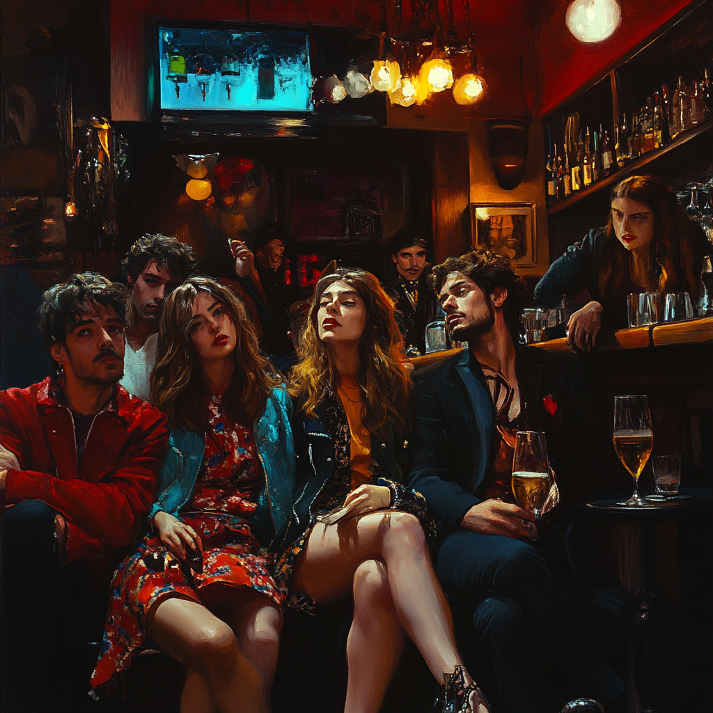 People in bar, weird faces, distorted perspective, beautiful outfits.