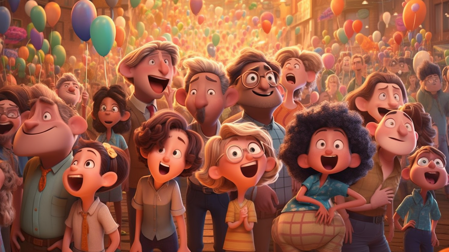 People laughing and smiling in Pixar-style animation.