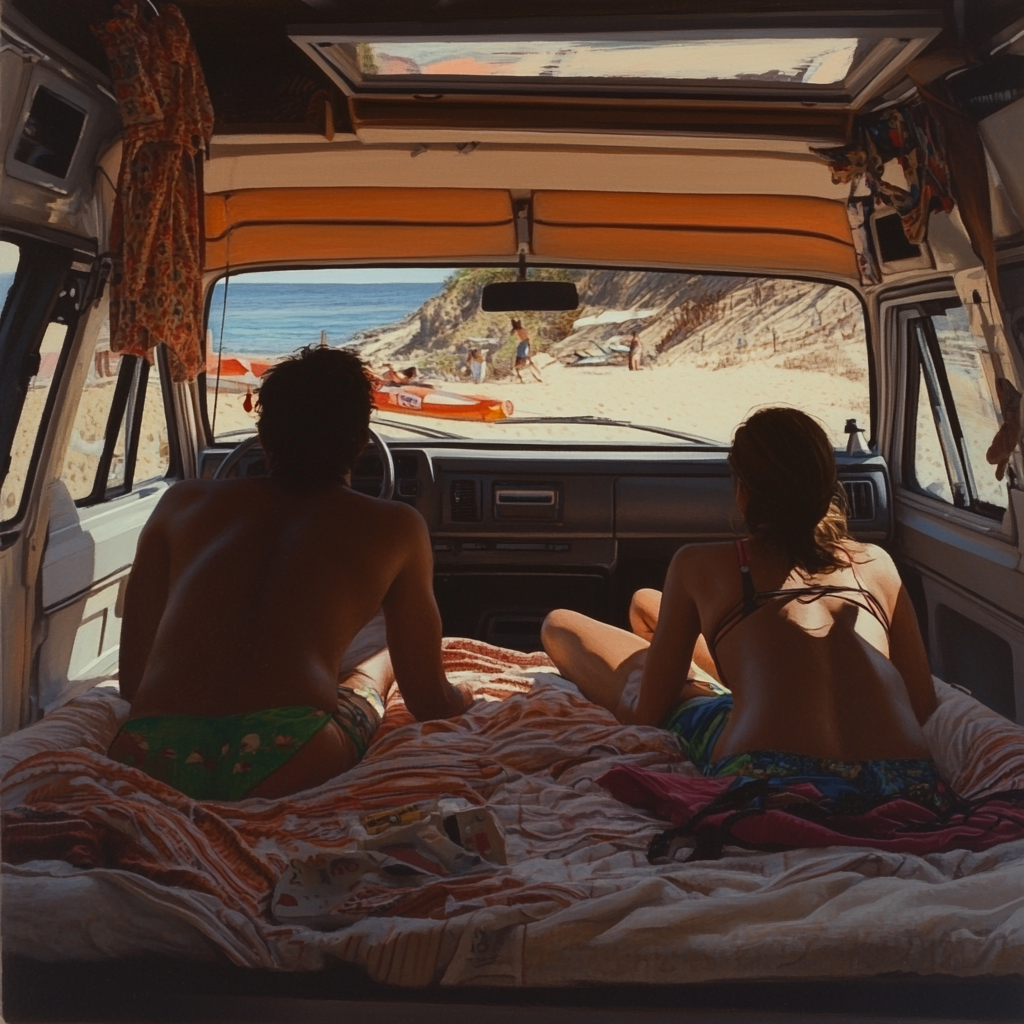 People laying in bed in camper van, looking out